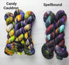 Candy Cauldron - Hand dyed yarn, Fingering Weight, Halloween yarn -black violet purple lime green orange pink