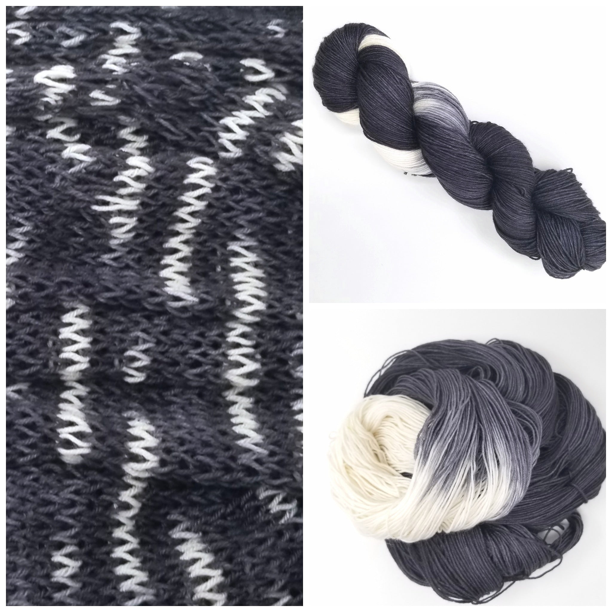 Hand Dyed Yarn, Superwash Merino Wool, Black, Gray, White
