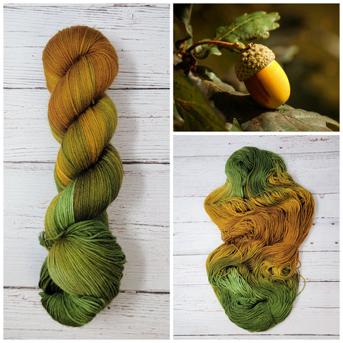 Acorn - Hand dyed variegated yarn - Merino Fingering to worsted  brown to green