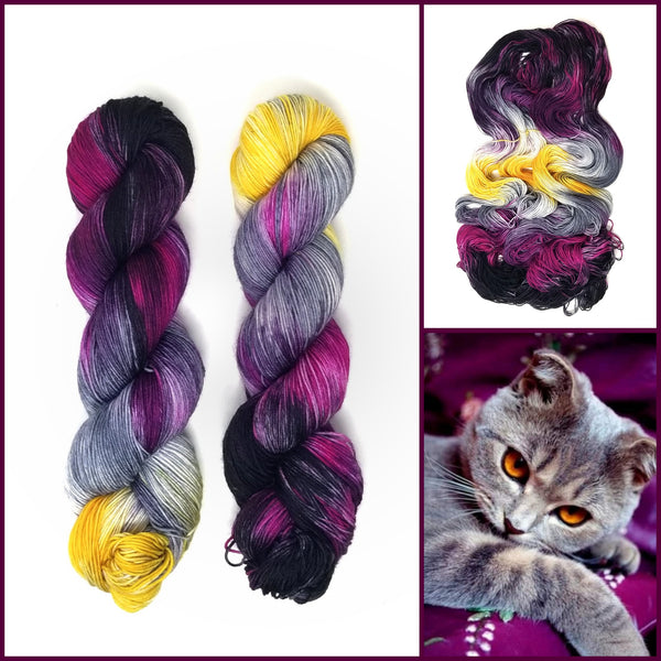 Queen of the Castle - Hand dyed yarn -  Fingering to bulky- black magenta grey yellow gold