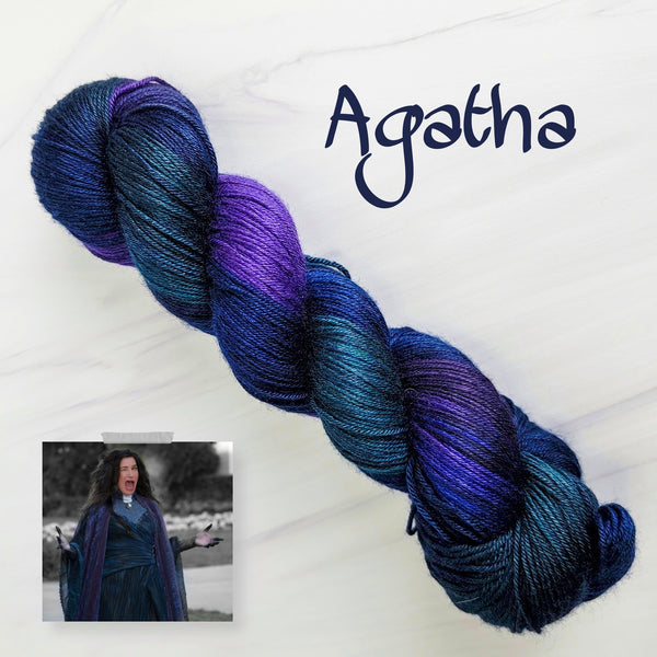Agatha - Hand dyed yarn - SW Merino Fingering Weight black Purple Blue teal wanda vision colors