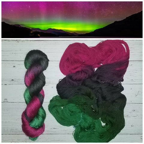 Borealis -  Hand dyed variegated yarn -black pink green