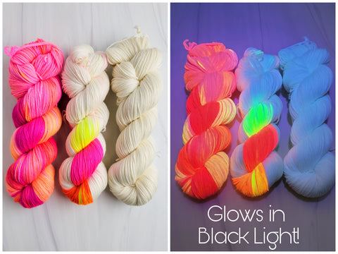 Fade Yarn Set - Neon Flowers Glow Bug White-  3 100g skeins of Hand dyed