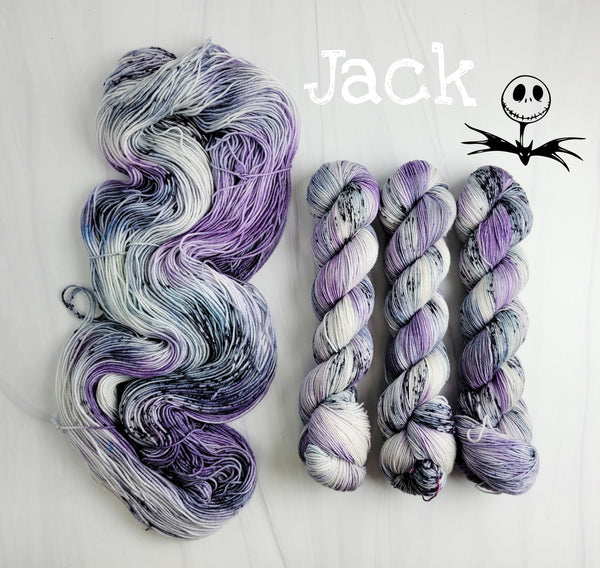 Jack - Hand dyed yarn, Fingering Weight, Halloween yarn - purple grey black white skellington