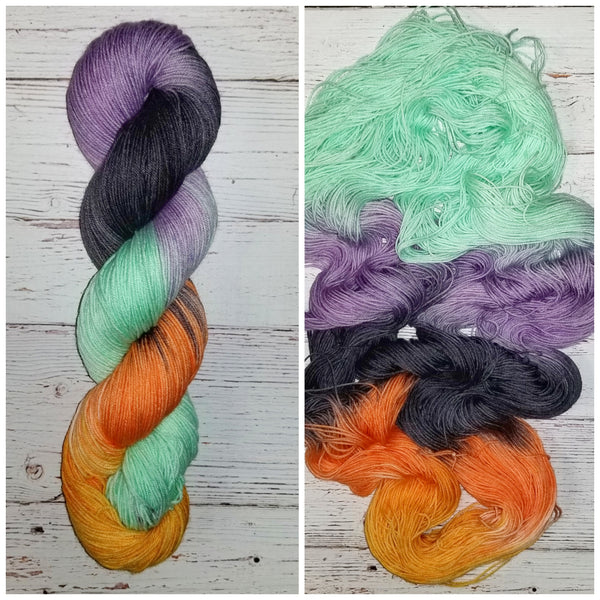 Little Monsters -  Hand dyed palindrome yarn - purple orange green black Halloween colors