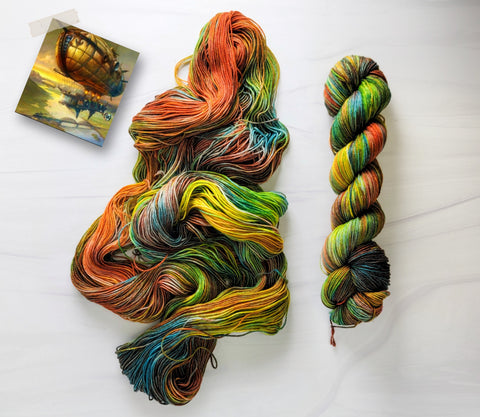 Deconstructed Steampunk- Hand dyed yarn - Merino Fingering yellow orange teal