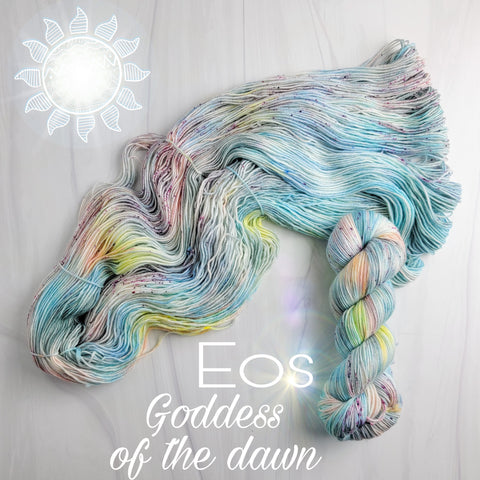 Eos - Hand dyed variegated yarn - Greek Goddess collection SW Merino Fingering Weight pastel grey blue yellow peach pink speckles
