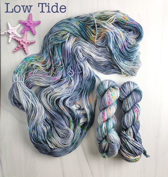 Low Tide - Hand dyed Variegated yarn -  Fingering to bulky- blue grey with pink orange yellow aqua speckles