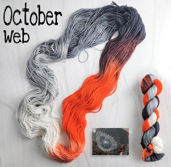 October Web- Hand dyed yarn - SW Merino Fingering Weight 400+ yards - choose your yarn base - knitting crocheting weaving - grey orange black white