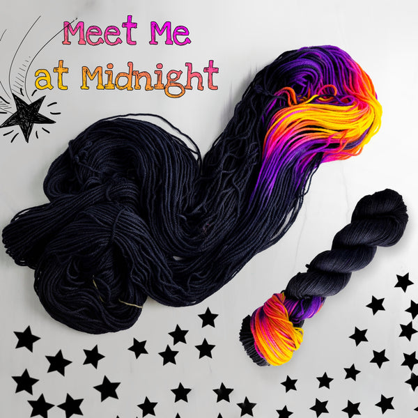 Meet Me at Midnight - Hand dyed yarn -SW Merino Fingering Weight black with a pop of pink and yellow Taylor Swift inspired