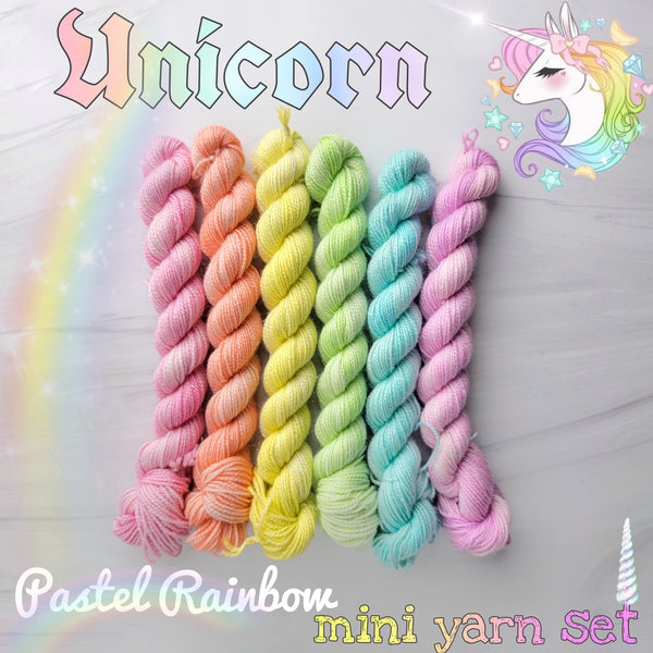 Unicorn Pastel Rainbow mini yarn set of 6 solid colored mini skeins - Hand  dyed gradient sparkle fingering weight yarn