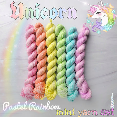 Unicorn Pastel Rainbow mini yarn set of 6 solid colored mini skeins - Hand dyed gradient sparkle fingering weight yarn