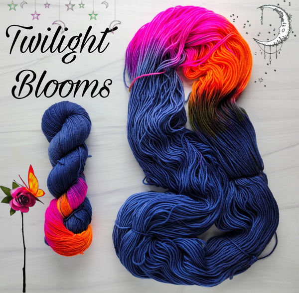 Twilight Blooms - Hand dyed yarn -SW Merino Fingering Weight navy with a pop of pink and orange