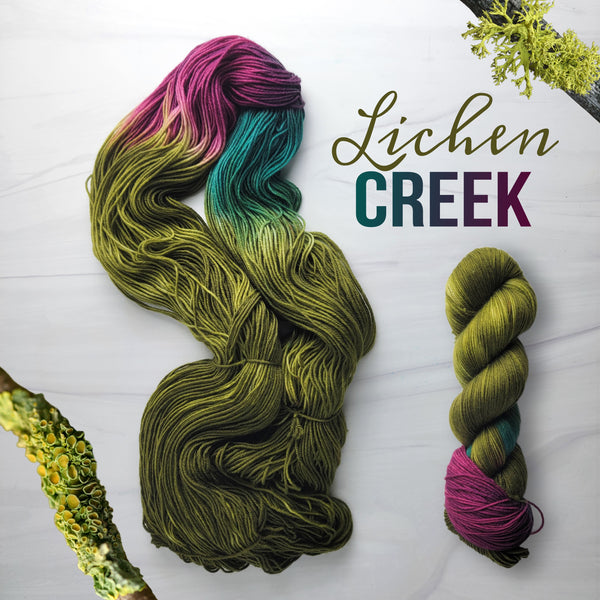 Lichen Creek - Hand dyed assigned pooling yarn - moss green with burgundy maroon and teal forest pop