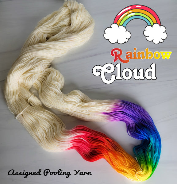 Rainbow Cloud - Hand dyed assigned pooling yarn - white with rainbow roygbiv pop
