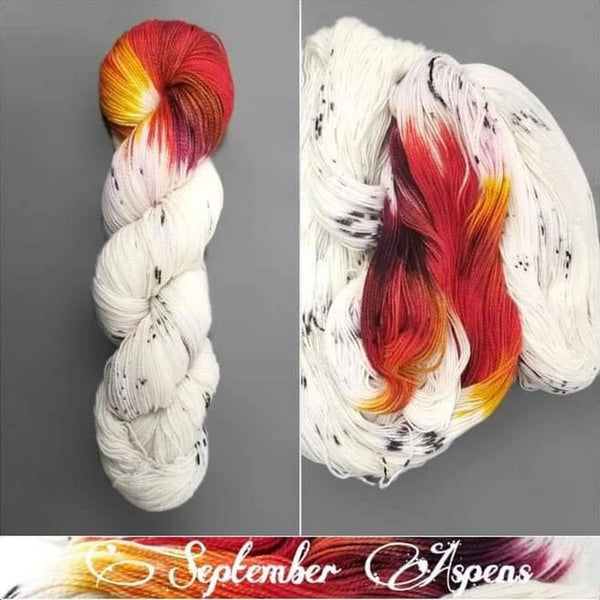 September Aspens - Hand dyed Color Pooling yarn - white red orange burgundy assigned color pooling yarn